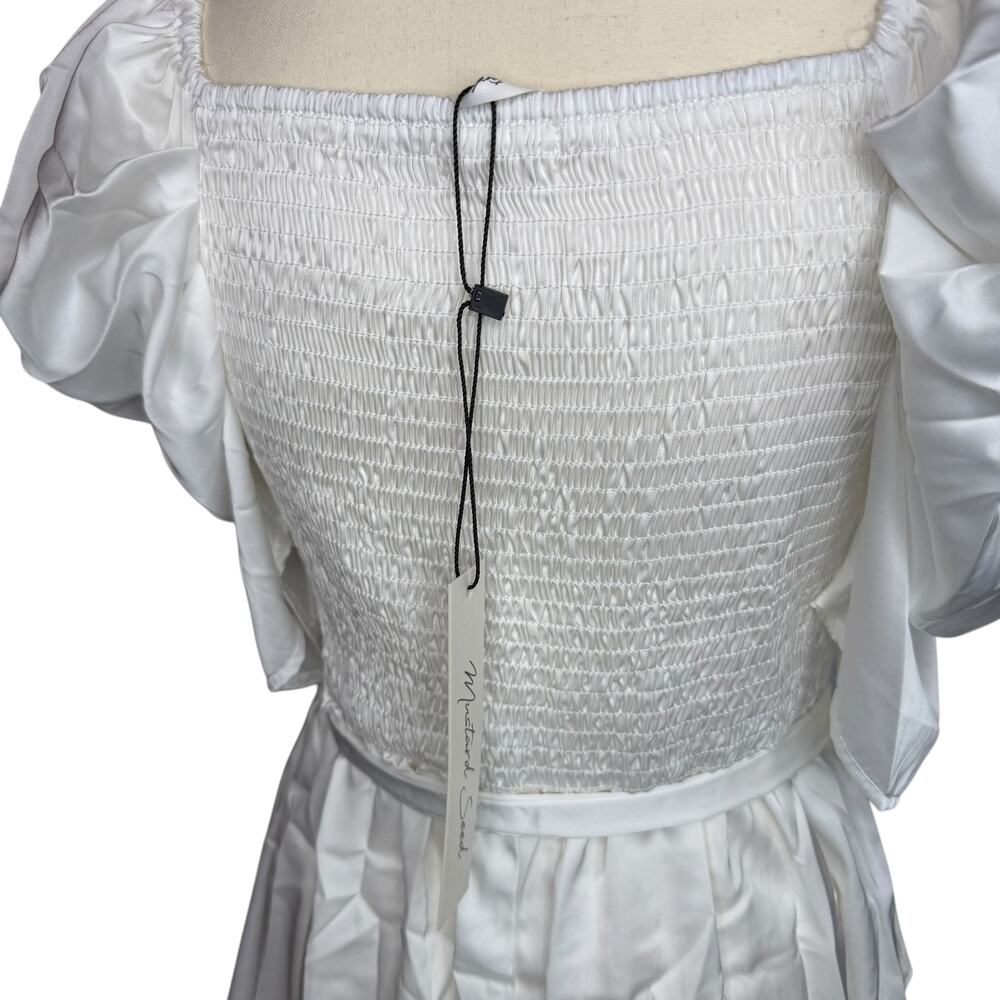Mustard Seed White Satin Mini Dress Small Puff Sleeve Ruched Tie Cottagecore NWT - Picture 6 of 8